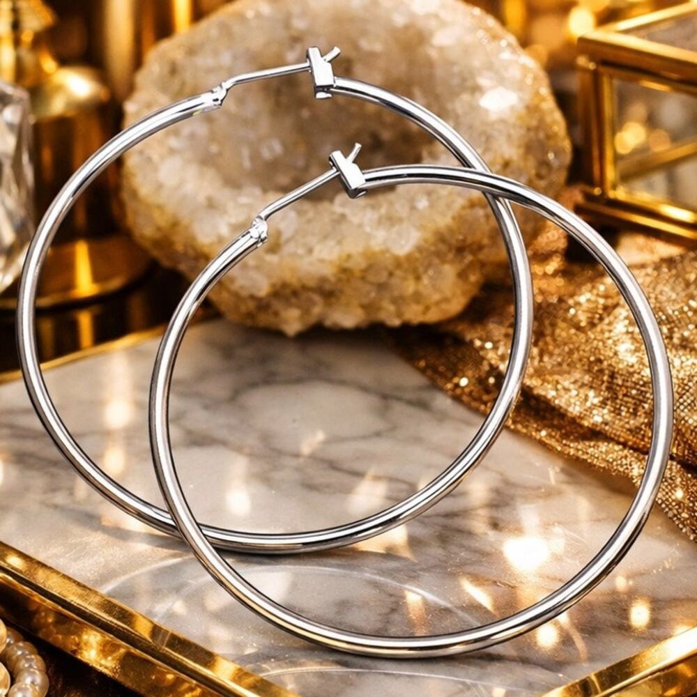 925 Stamped 50CM Silver color Hoop earrings High Quality very light